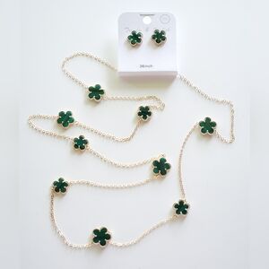 Five Leaf Flower Necklace and Earring Set - Green